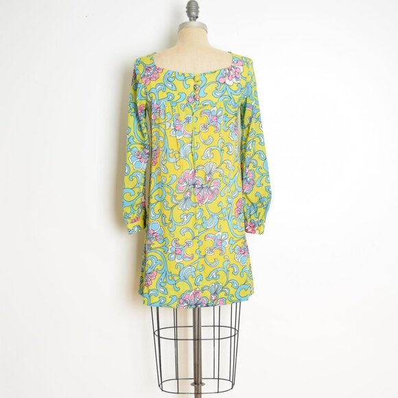 vintage 60s dress psychedelic print mod baroque green twiggy mini hippie S M - Picture 7 of 10